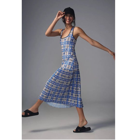 ๐ Anthropologie Dhruv Kapoor Plaid Mesh Midi Dress - Blue White Plaid XL - Picture 13 of 15
